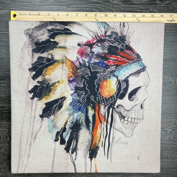 Watercolor Skull With Indian Headdress Textured 16x16 Wrapped Frame Native - Picture 4 of 7